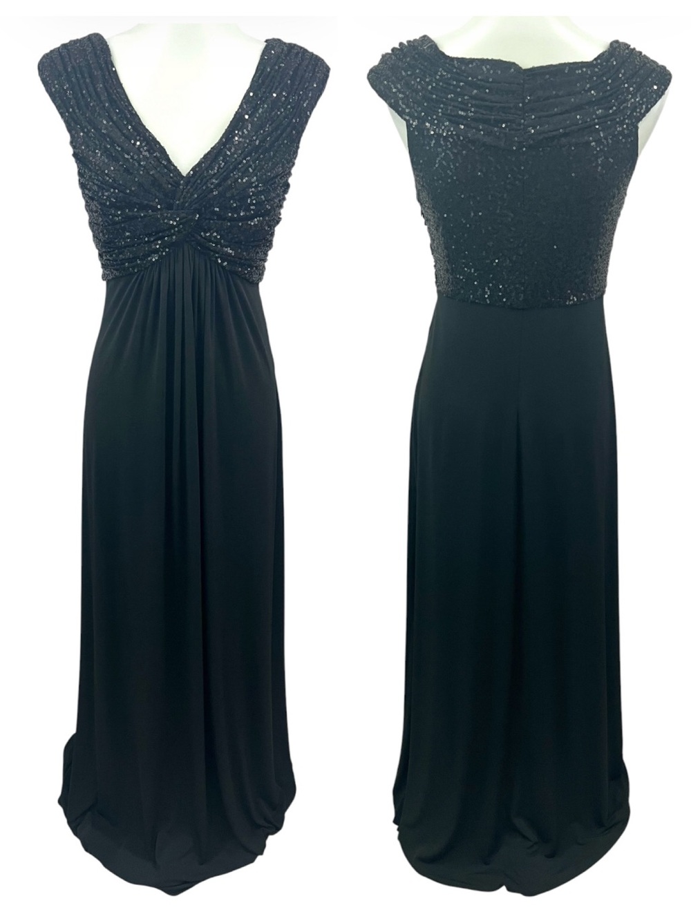 Calvin Klein Black Sequin V-neck Sleeveless Formal Maxi Dress Evening Gown